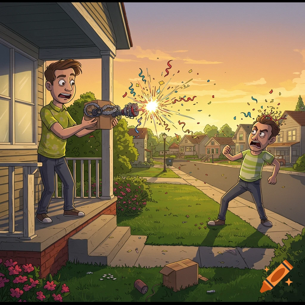 A cartoon man on a porch shoots a confetti cannon from a box at another man whose head explodes with confetti in a suburban neighborhood at sunset.