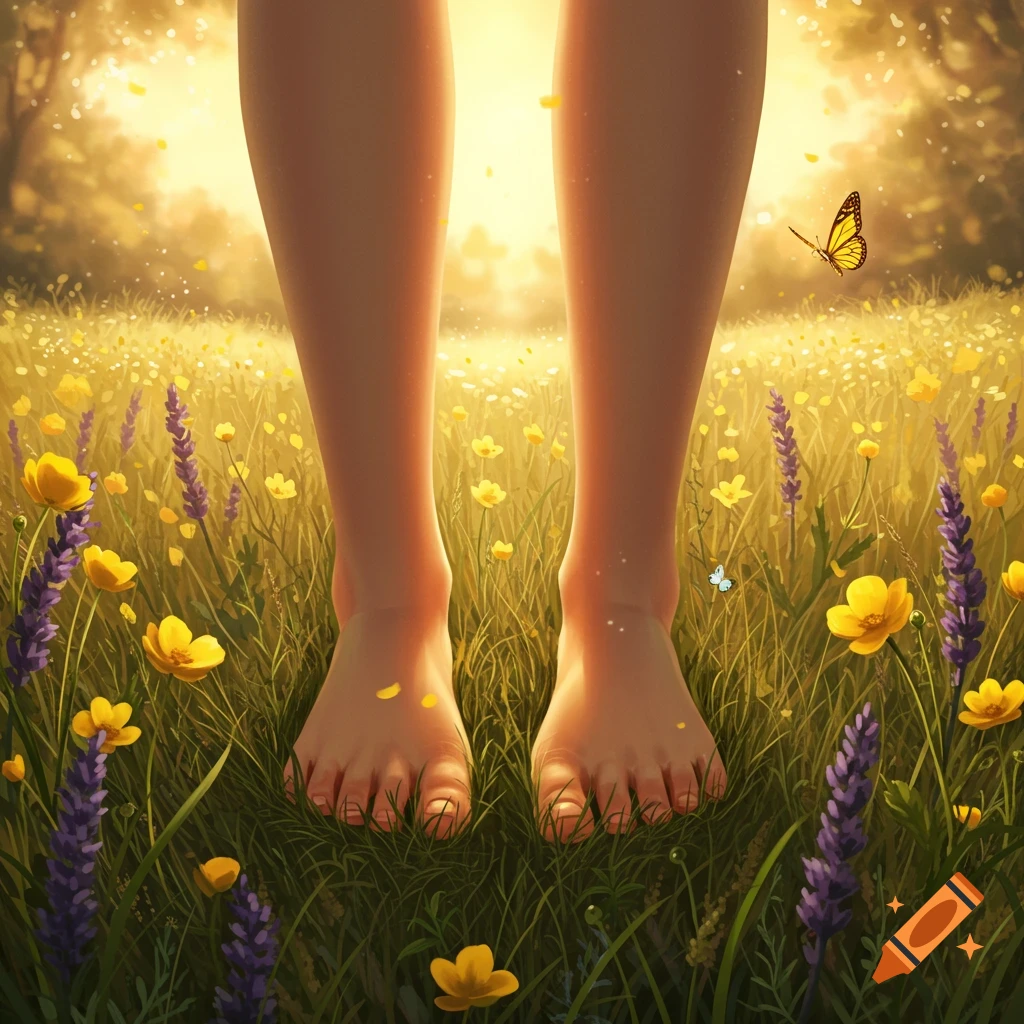 Bare legs and feet stand in a sunlit field of yellow and purple flowers, with a butterfly and falling petals.