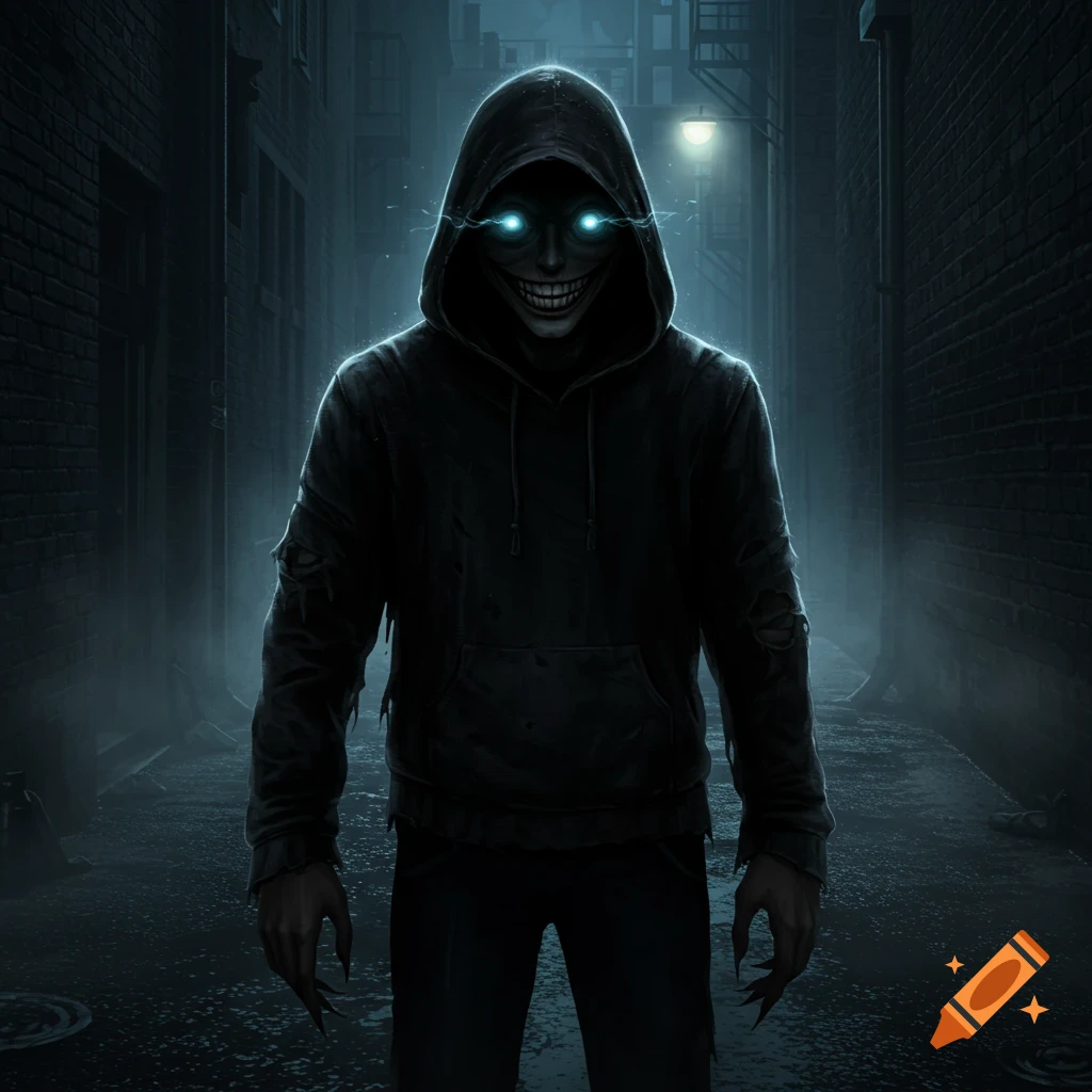 A creature-like figure in a dark hoodie with glowing blue eyes and a wide, unsettling grin stands in a misty alley. Dark, eerie, photorealistic style.