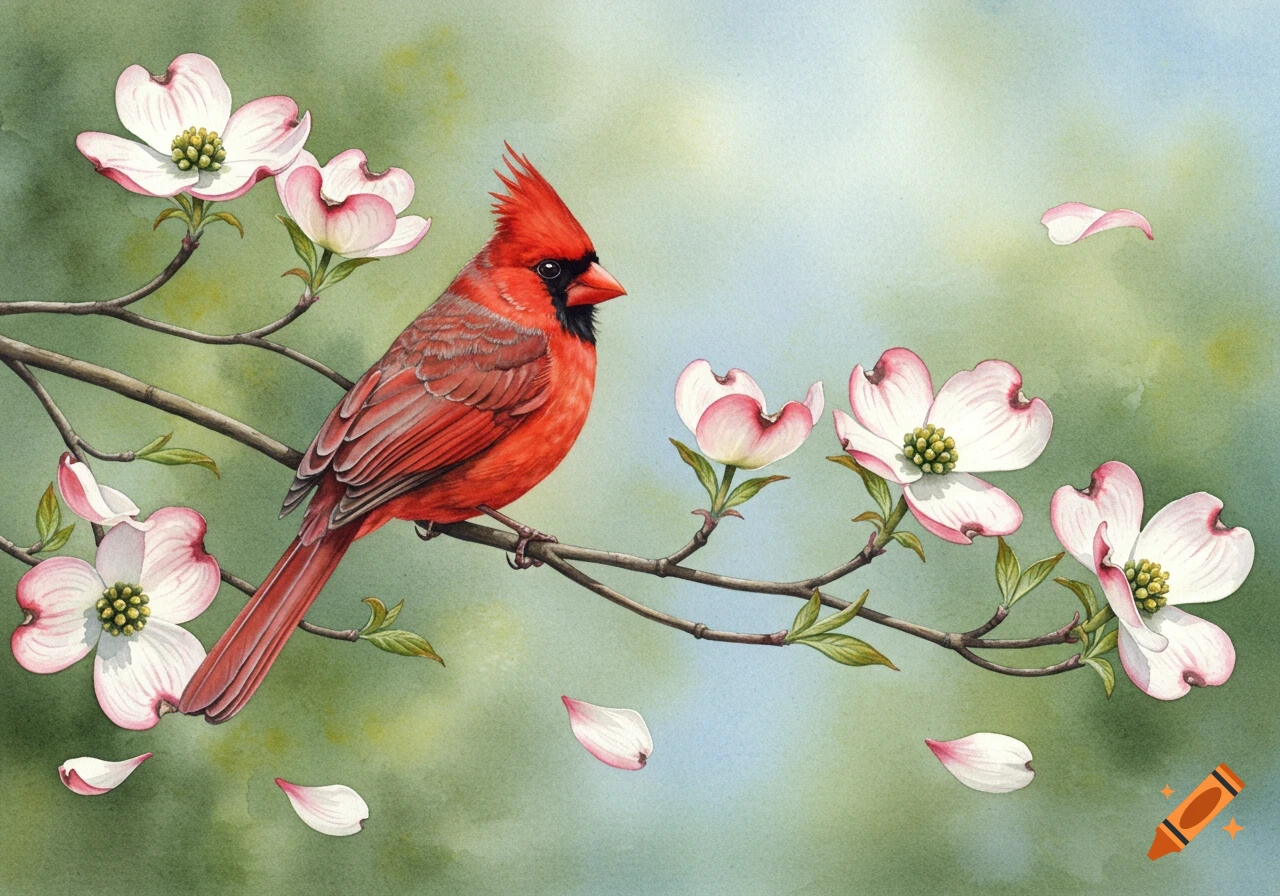 A vibrant red cardinal perched on a branch of a blooming dogwood tree with pink and white flowers, in a watercolor style.