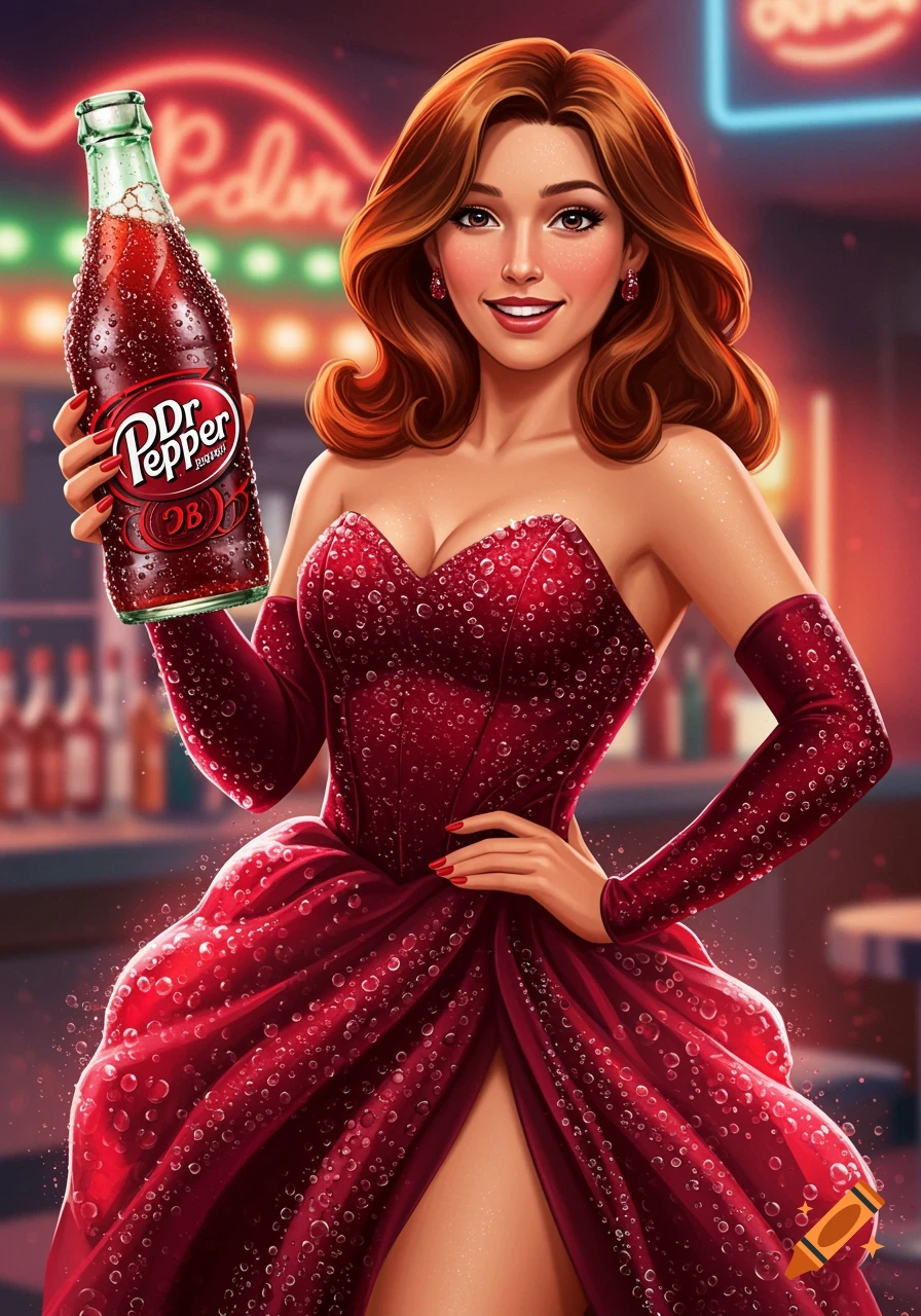 A smiling woman in a red sparkly dress holds a Dr. Pepper bottle in a neon-lit bar, rendered in a digital art style.