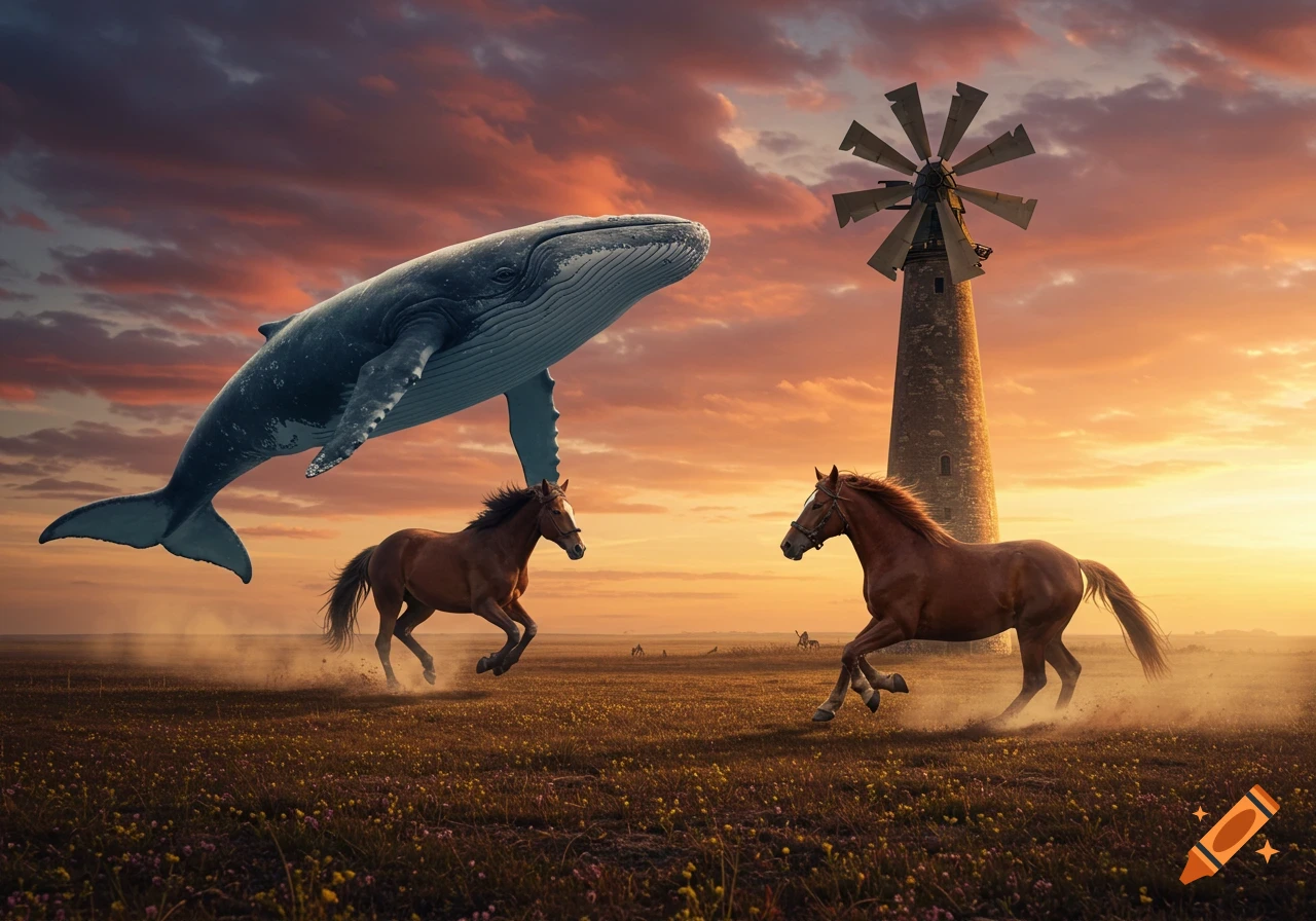 A whale floats in a dramatic sunset sky above two horses running in a grassy field next to a tall windmill. Photorealistic, surreal art.