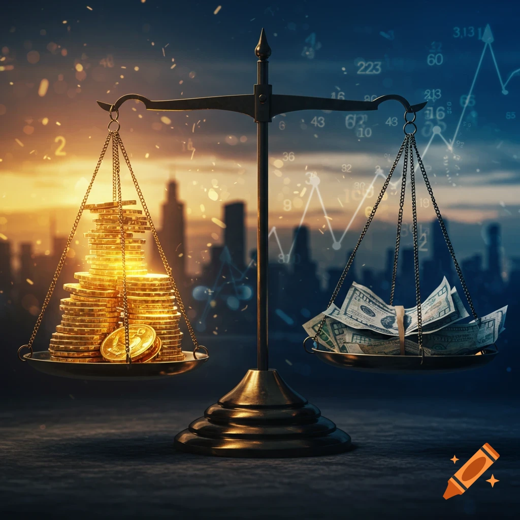 A bronze balance scale with a tall stack of glowing gold coins on the left pan and a pile of green dollar bills on the right, against a blurred cityscape background with stock market graphs.