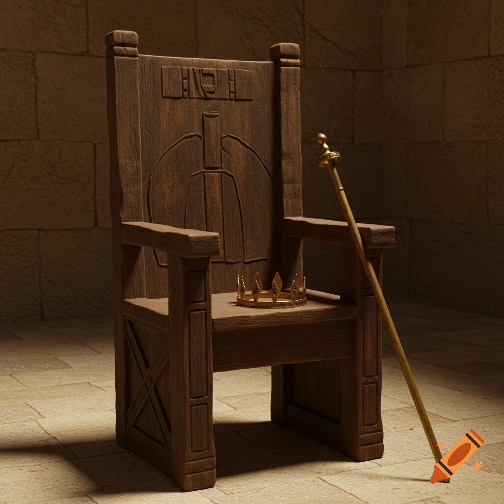 A rustic wooden throne with a golden crown and scepter resting beside it, in a dimly lit stone room.