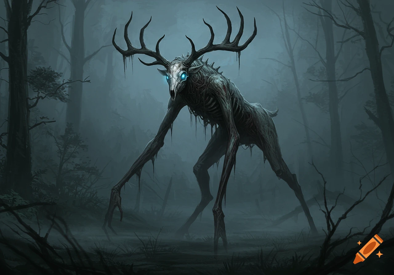 A monstrous wendigo-like creature with a skull head, glowing blue eyes, long limbs, and tattered skin stands in a dark, misty forest.