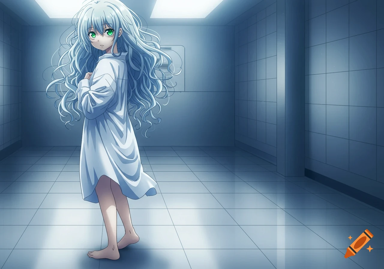 An anime girl with long, pale blue hair and green eyes, wearing a white gown, stands barefoot in a stark, tiled room.