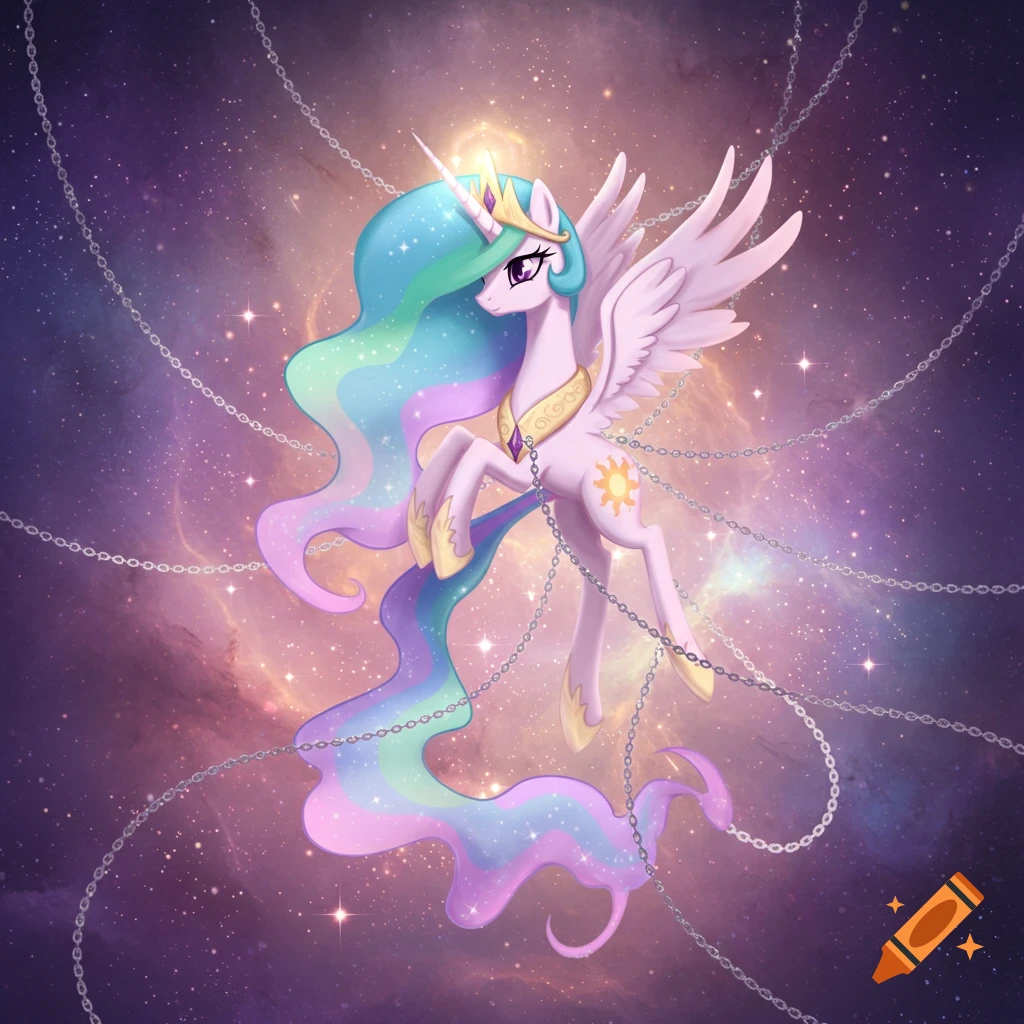 Princess Celestia, a white winged unicorn with a flowing rainbow mane and tail, floats in a starry nebula, gently held by chains.