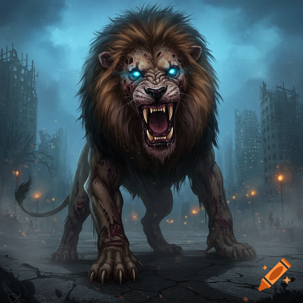 A roaring zombie lion with glowing blue eyes stands in a ruined city, digital art.