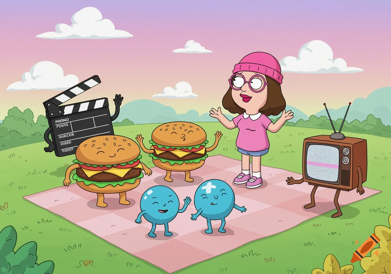 A cartoon picnic scene with Meg Griffin, two smiling burgers, a smiling clapboard, a smiling retro TV, and two smiling blue balls on a pink checkered blanket in a park.