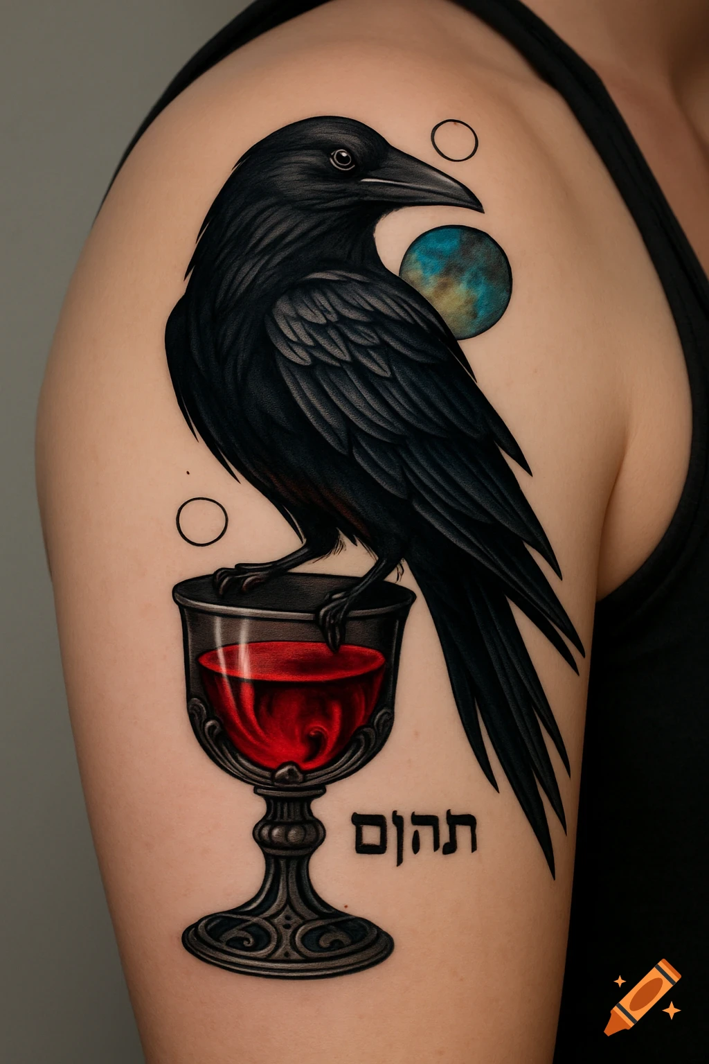 A stylized tattoo of a black raven perched on a goblet filled with red liquid, with a blue sphere and Hebrew text, on a person's shoulder.