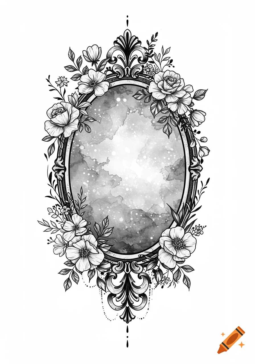 Black and white floral frame with a vintage oval border surrounding a watercolor haze, adorned with roses, wildflowers, and swirling vines.