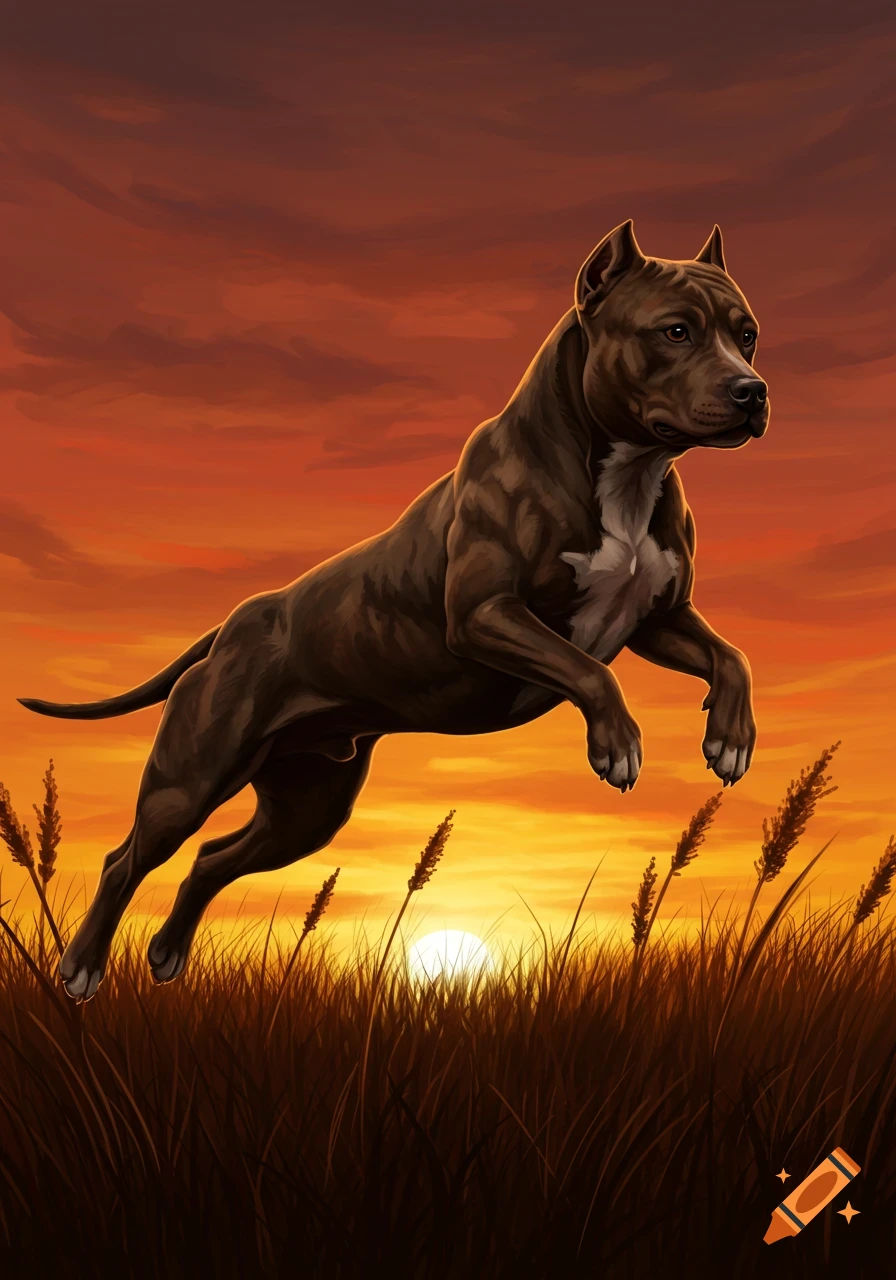 A powerful dark brown pitbull jumps gracefully over tall golden grass during a vibrant sunset.