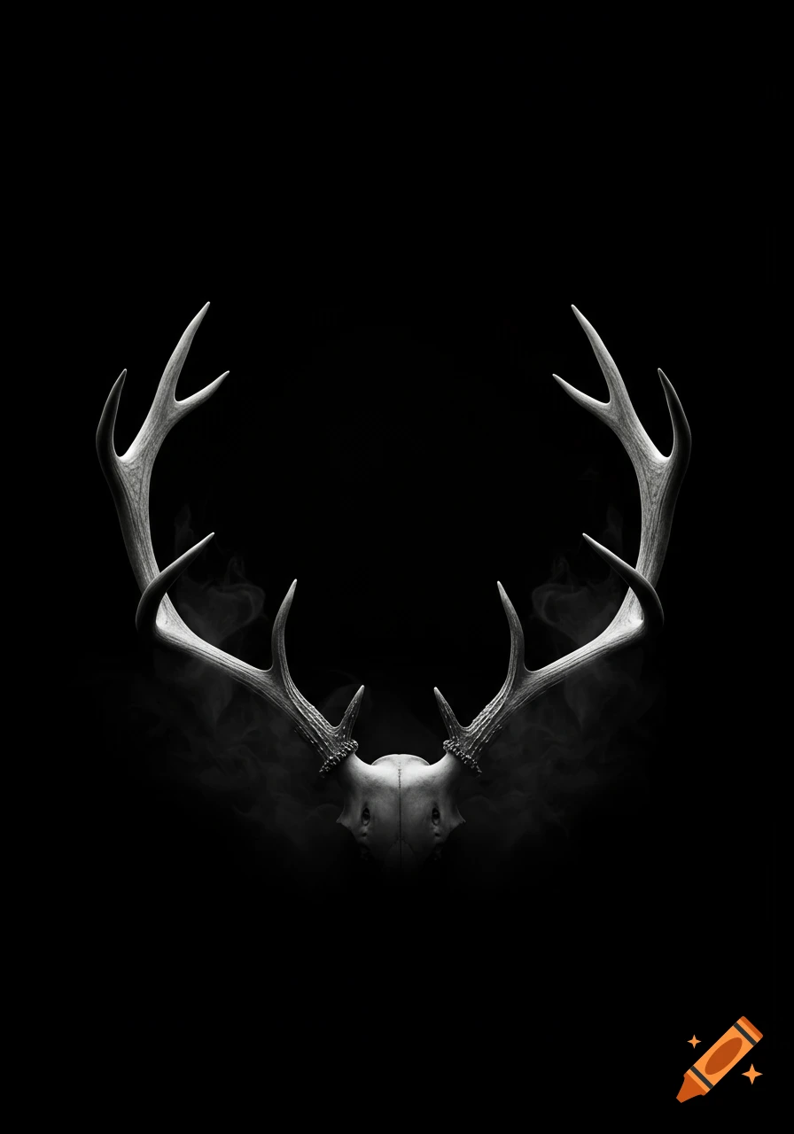Black and white image of a deer skull with large antlers, emerging from darkness with subtle smoke.