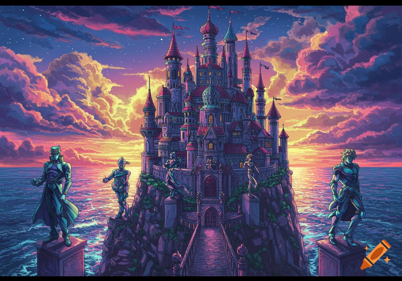 Pixel art fantasy castle on an island with statues at sunset, anime style.