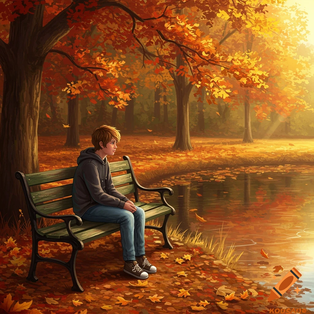 An illustrated young boy sits on a green bench in an autumn park with orange leaves and a pond.