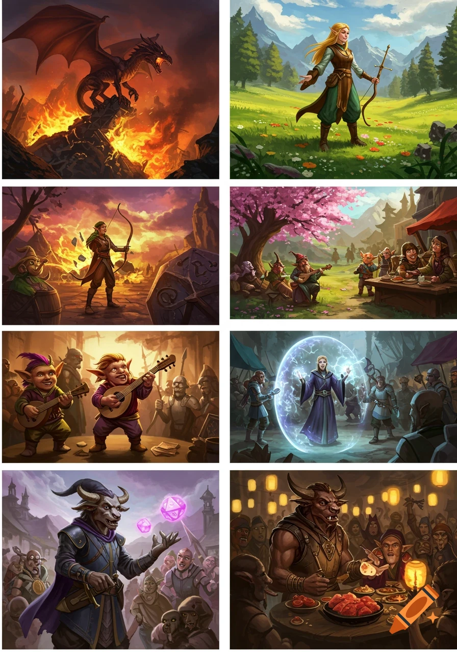 Eight fantasy illustrations depicting various Dungeons and Dragons scenarios, including a dragon in ruins, an elf archer, gnomes playing music, a wizard casting a spell, and creatures feasting.