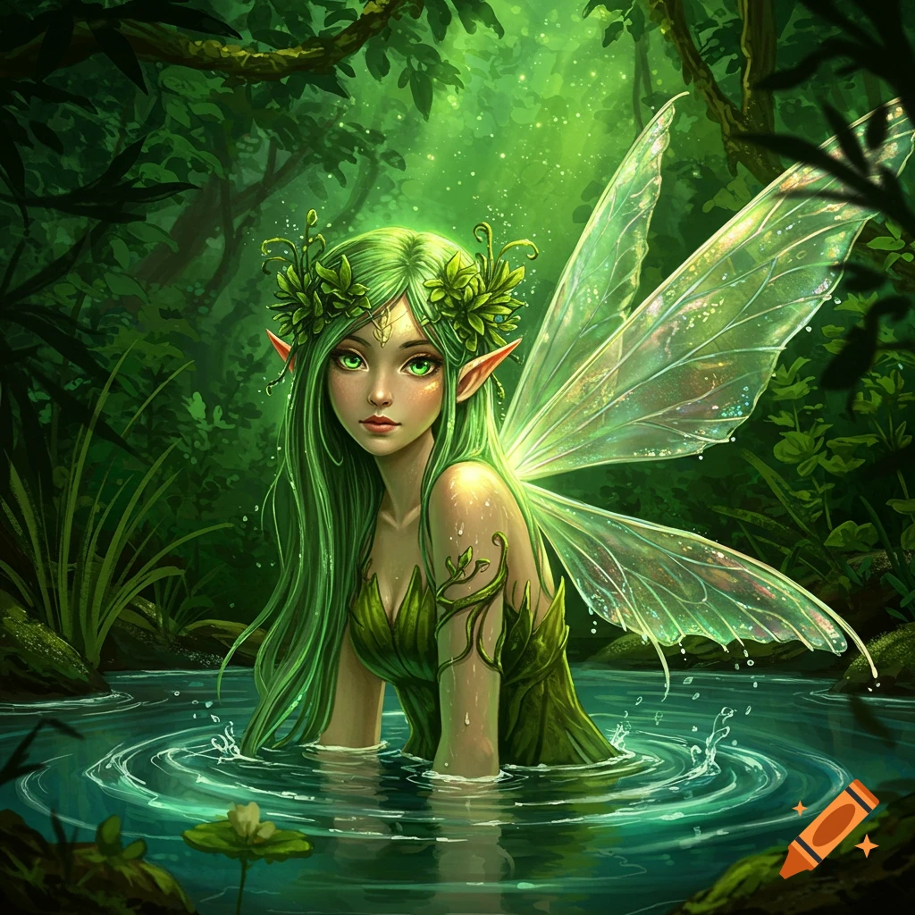 Vibrant illustration of a green-haired fairy with translucent wings, wearing a leaf outfit, partially submerged in a forest pond.