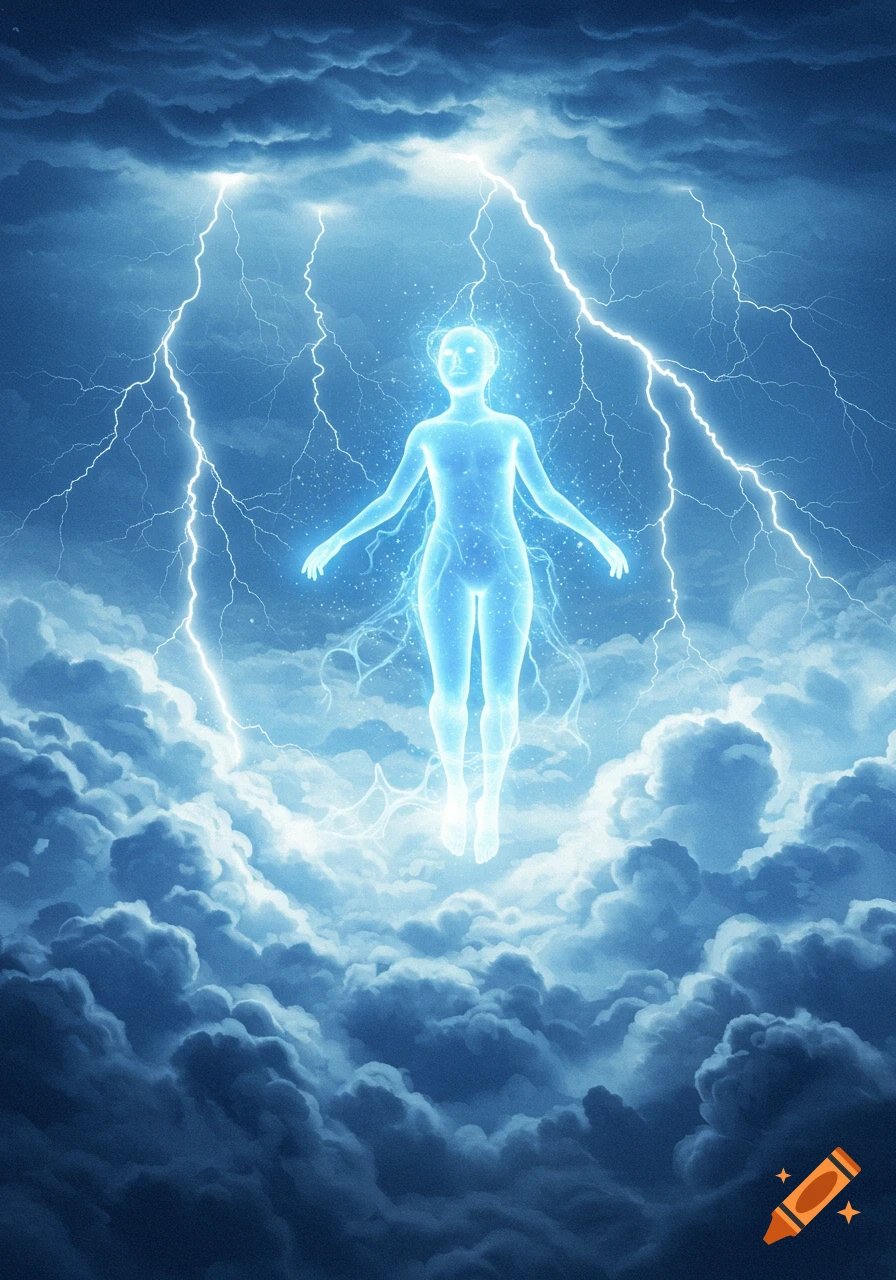A glowing light blue ethereal figure floats amidst dark storm clouds with bright lightning strikes.