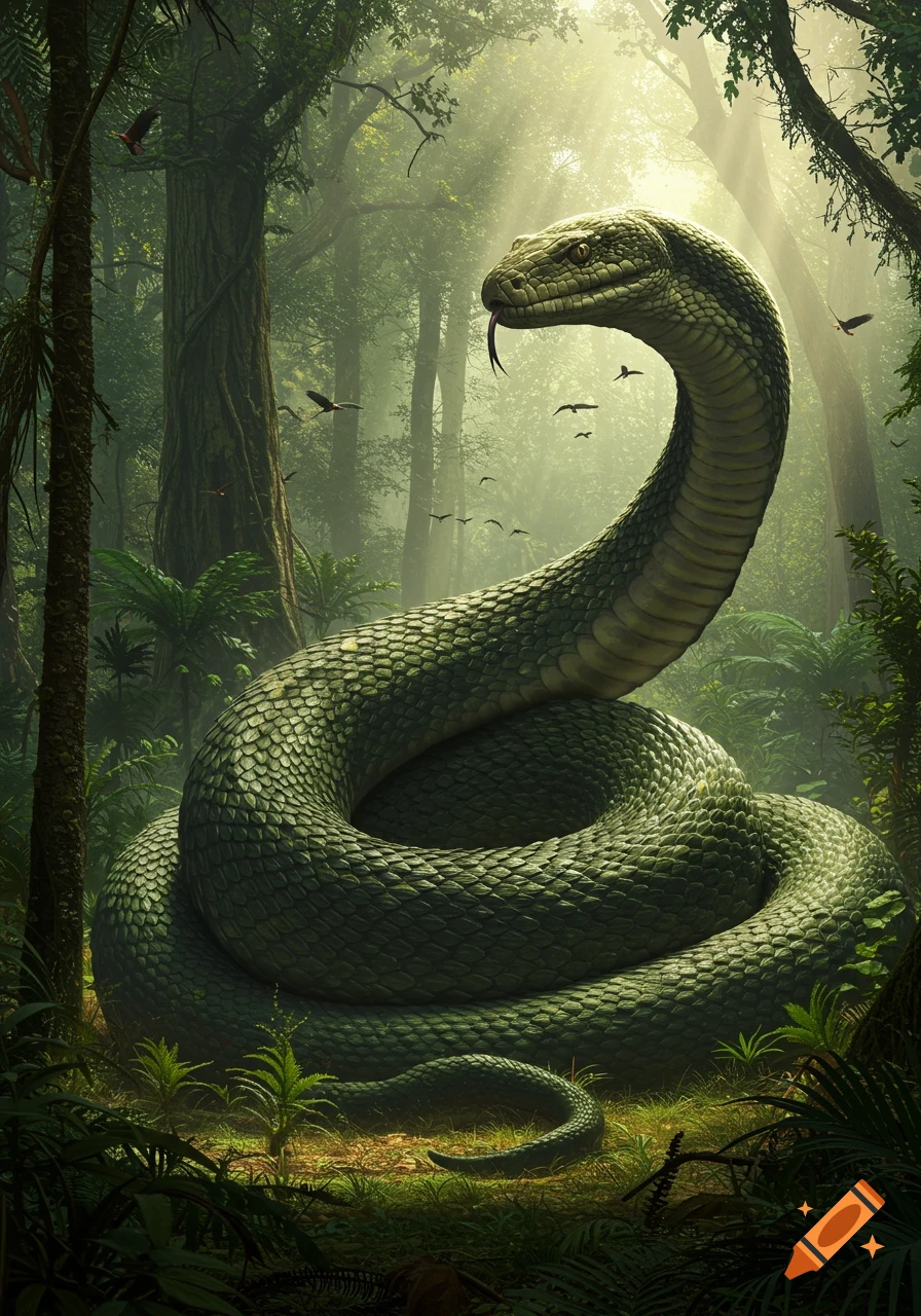 A giant green snake coiled with its head raised in a lush, sunlit jungle.