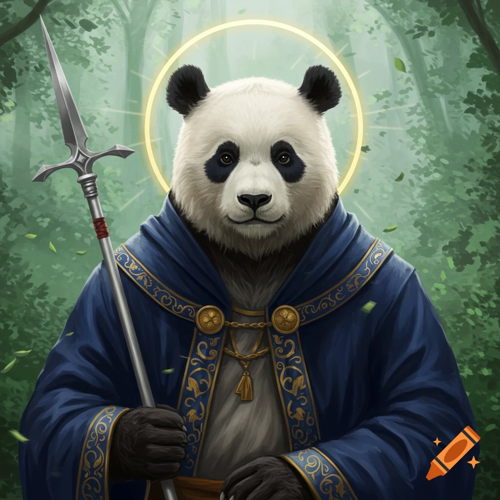 A panda saint in a blue robe, holding a spear, with a golden halo in a forest.