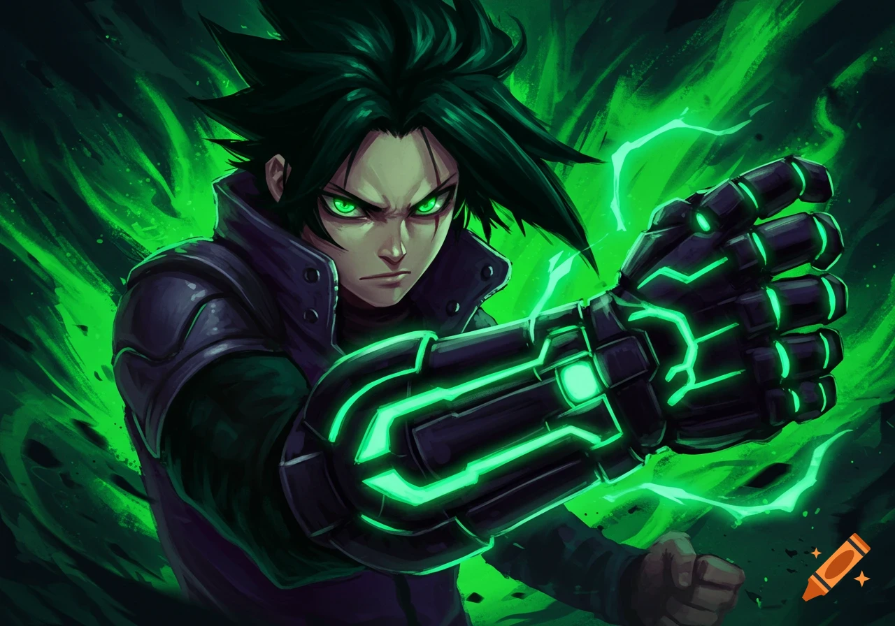Anime character with green eyes, black hair, and a black arm cannon glowing with green energy.