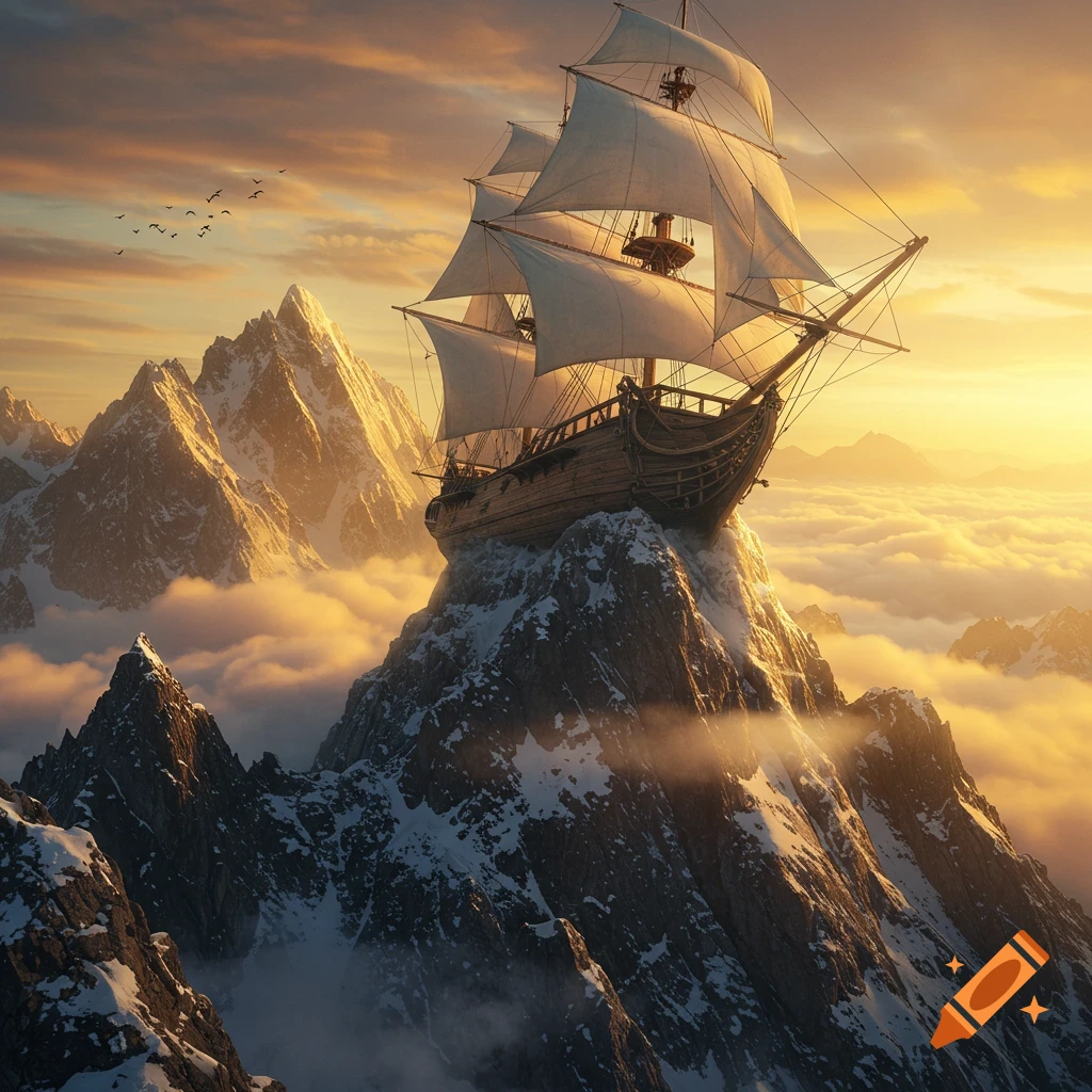 A large sailing ship rests on a snow-covered mountain peak above clouds at sunset in a fantastical landscape.