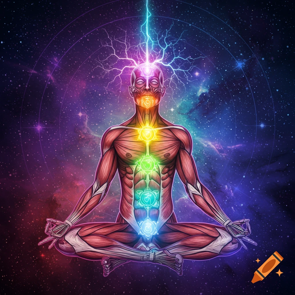 A detailed digital illustration of a meditating human figure with exposed muscles and glowing chakras, surrounded by a cosmic nebula background.