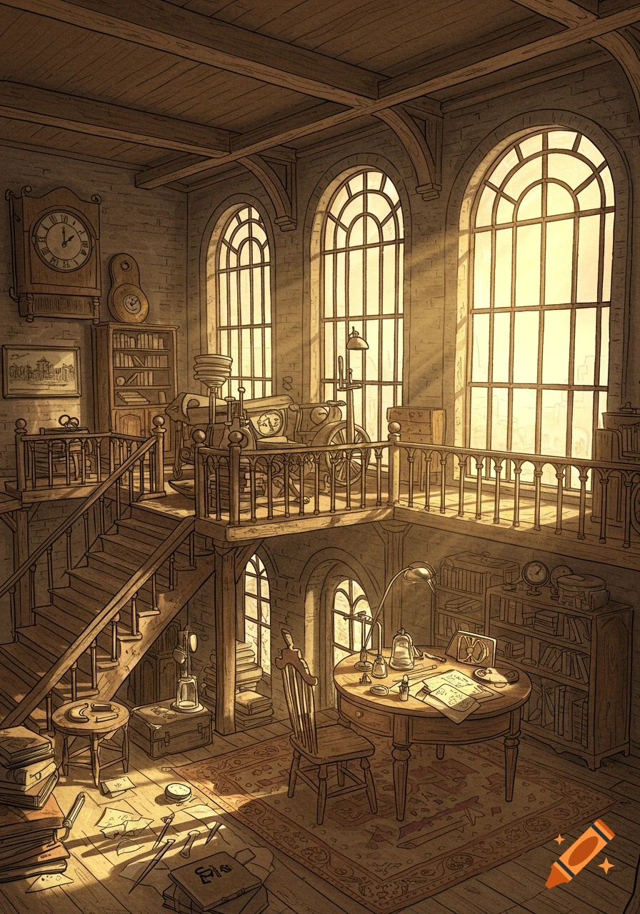 An intricate sepia-toned drawing of a two-story apartment interior with large arched windows, stairs, a balcony, a clock, and a study area with a desk and books.