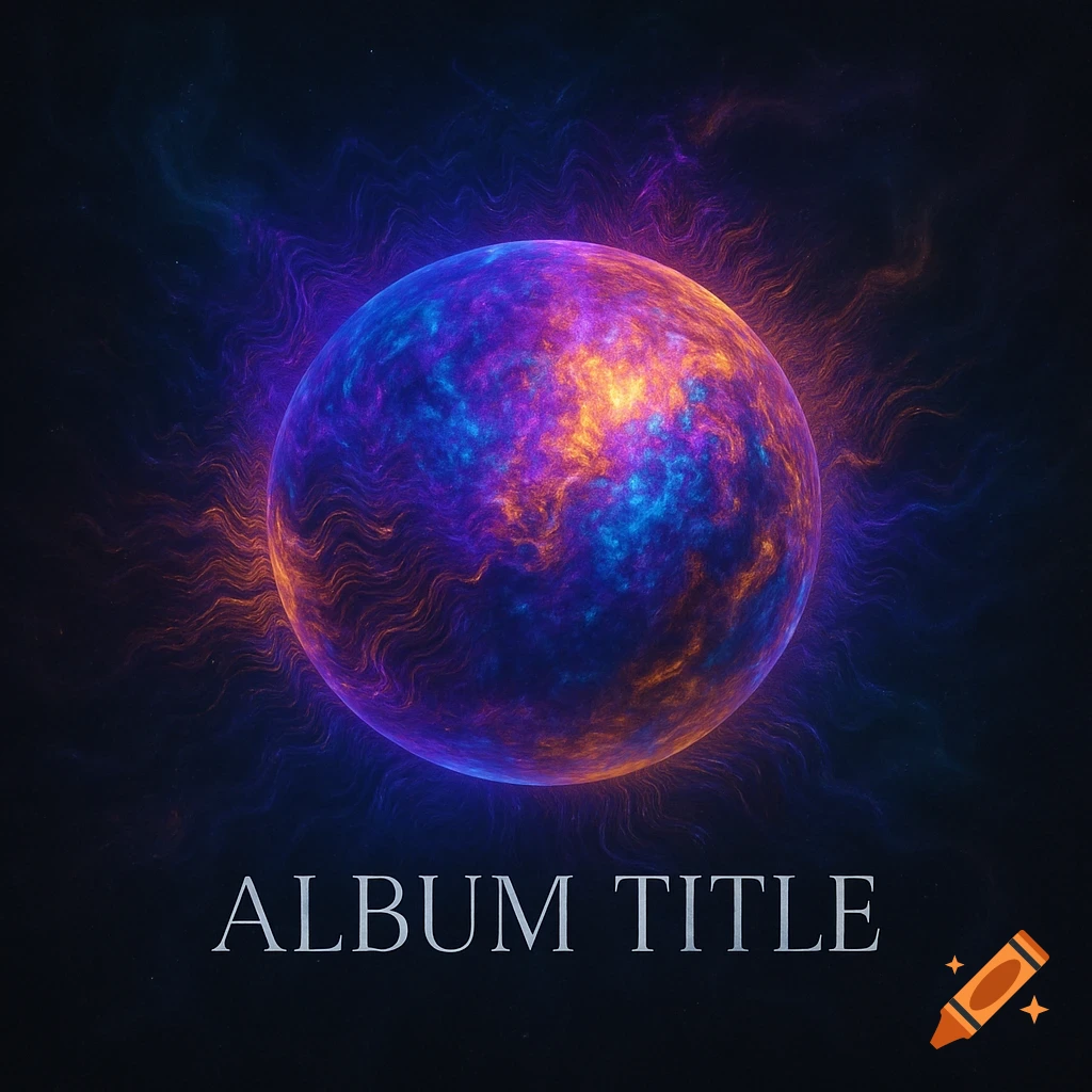 An abstract glowing sphere with vibrant purple, blue, and orange colors, resembling a nebula or planet, against a dark background, with 'ALBUM TITLE' written below.