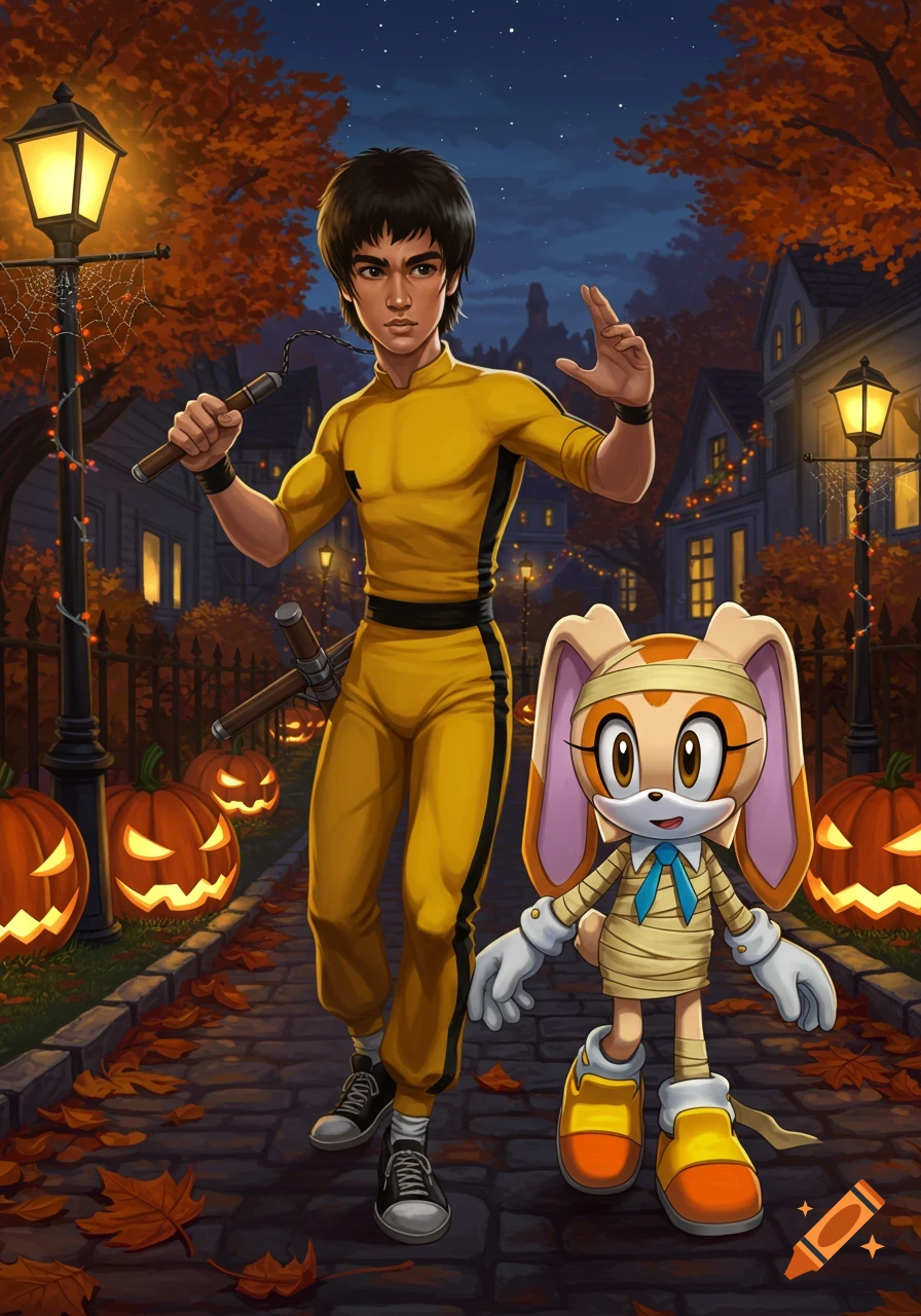 A boy dressed as Bruce Lee and Cream the Rabbit as a mummy trick-or-treating on a Halloween evening, surrounded by glowing pumpkins.