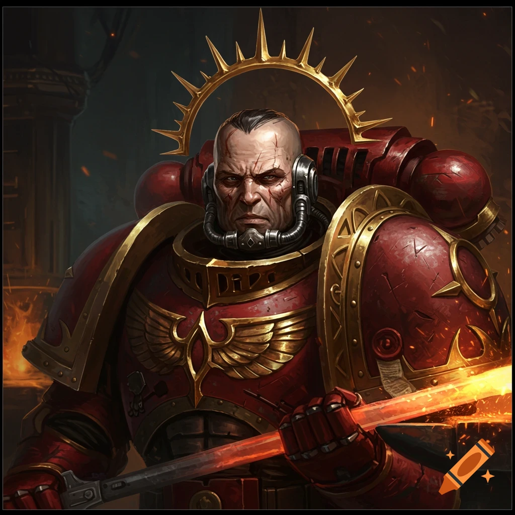 A close-up portrait of a Warhammer 40k Blood Angel Tech Marine in red and gold power armor with a glowing weapon.