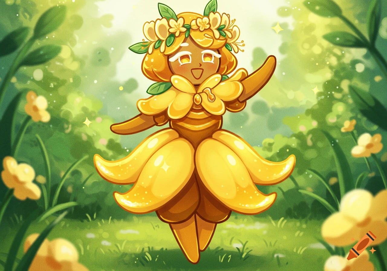 A cute, cheerful cartoon character, themed like a yellow flower with a flower crown, stands in a vibrant green garden.
