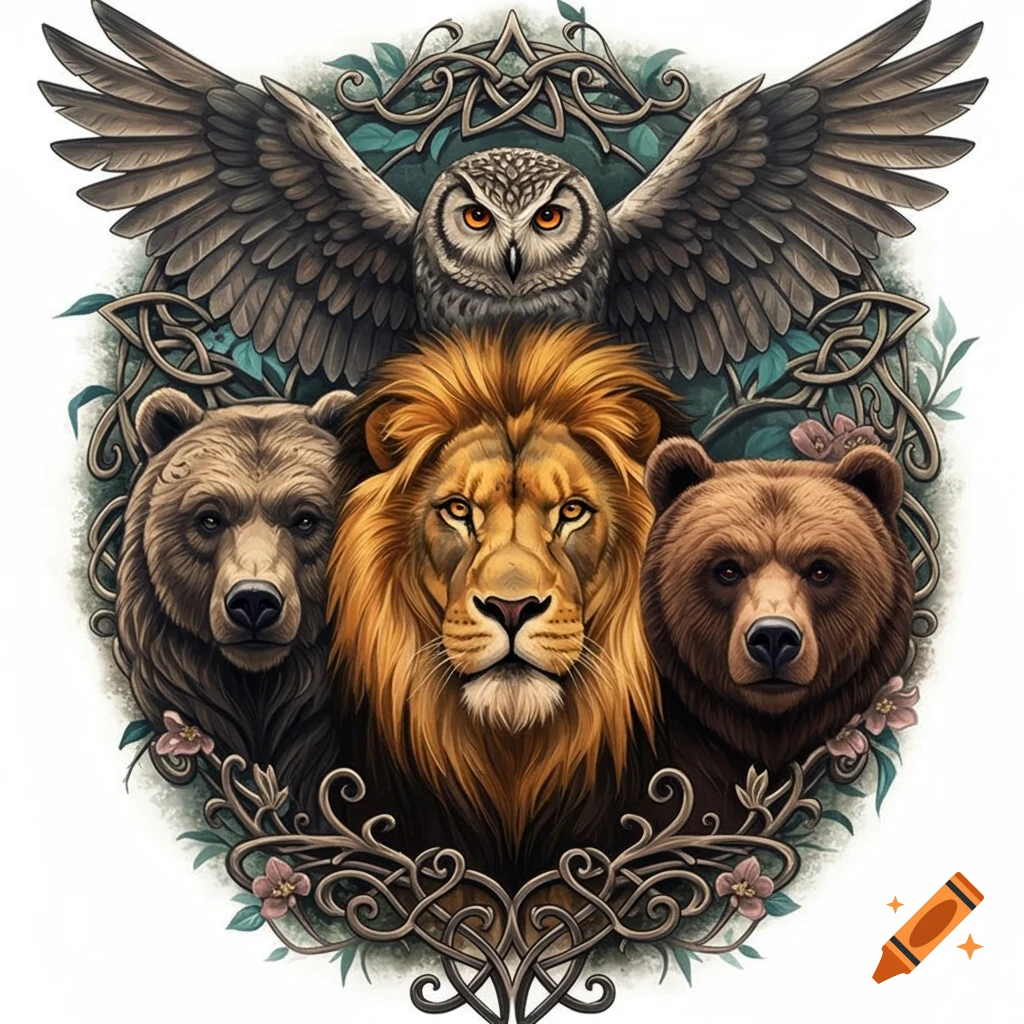 An owl with spread wings above a lion's head, flanked by two bear heads, all framed by intricate Celtic knotwork and small flowers, in a tattoo art style.