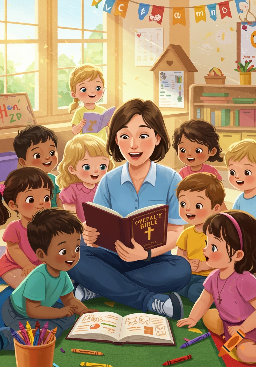 A smiling teacher sits on the floor, reading a Bible to a group of diverse young children in a brightly lit classroom.