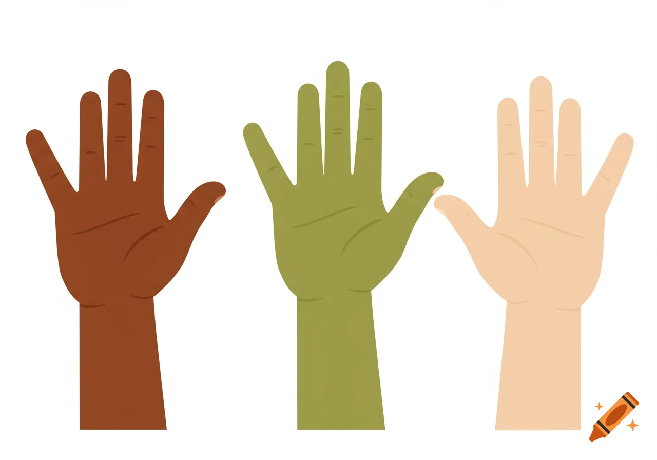 Three raised hands in brown, green, and light beige skin tones, in a flat clipart style.