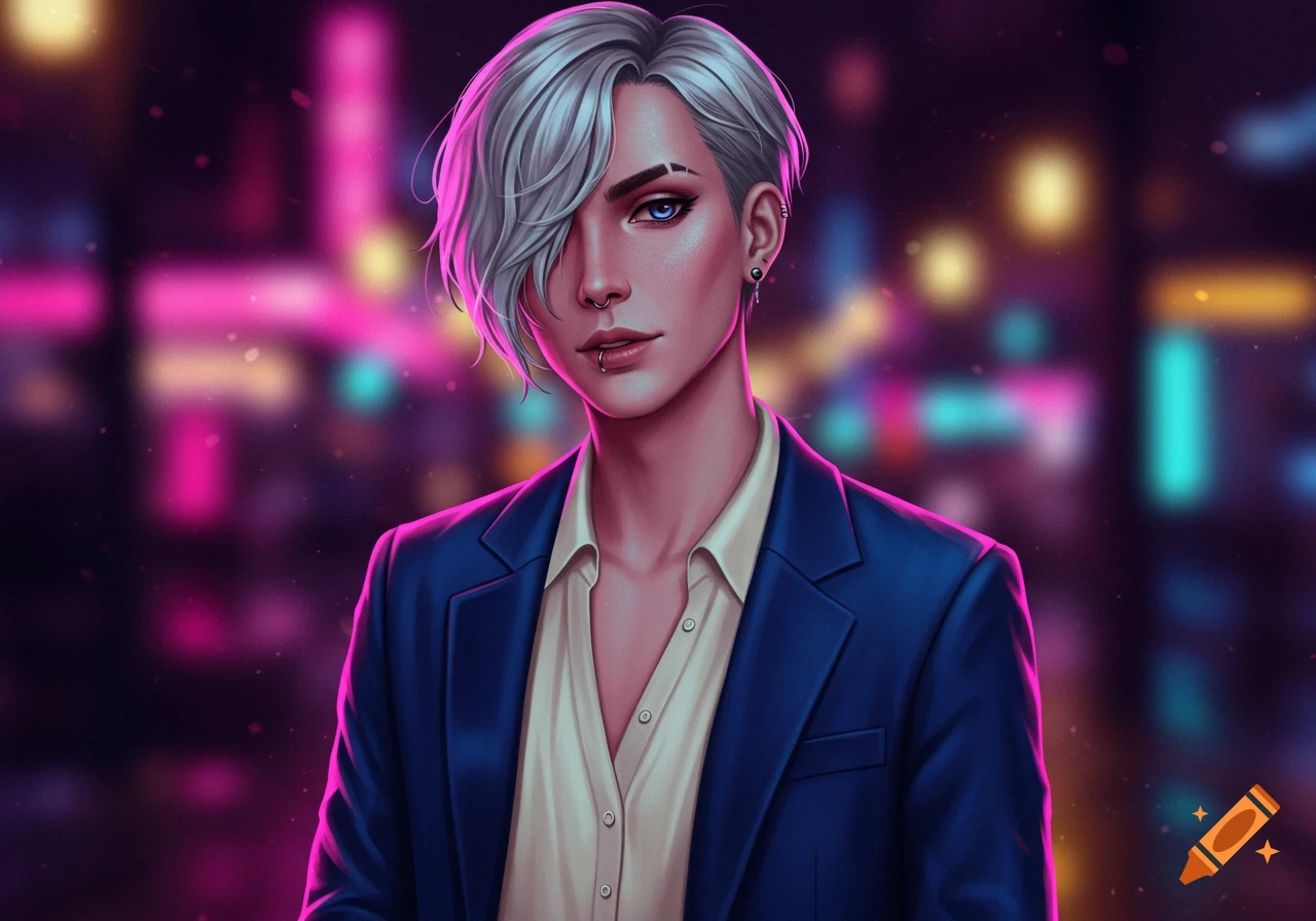 Stylized digital art of a person with silver hair, blue eyes, and piercings, wearing a suit jacket against a neon city background.