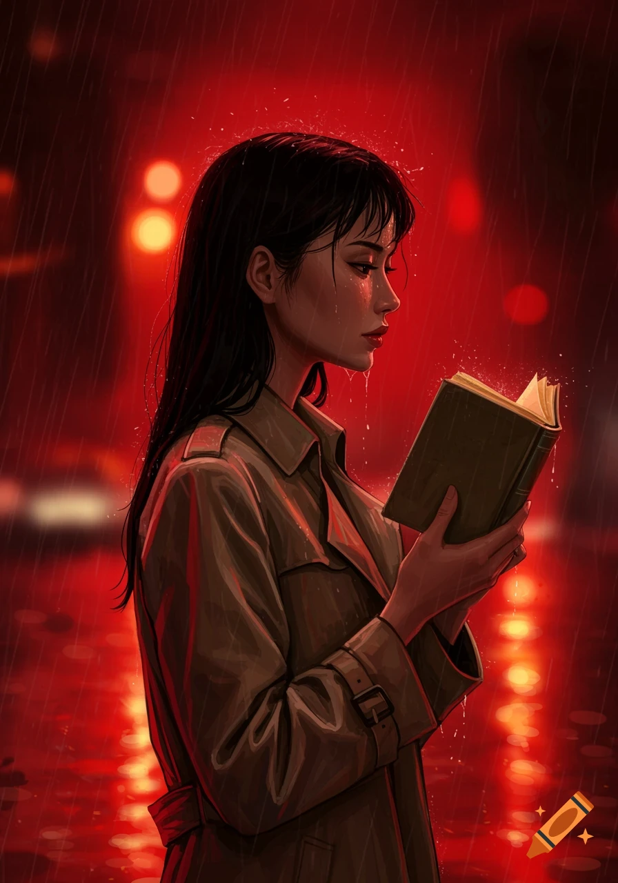 A woman with long dark hair in a trench coat reads a book in the rain, under red streetlights.