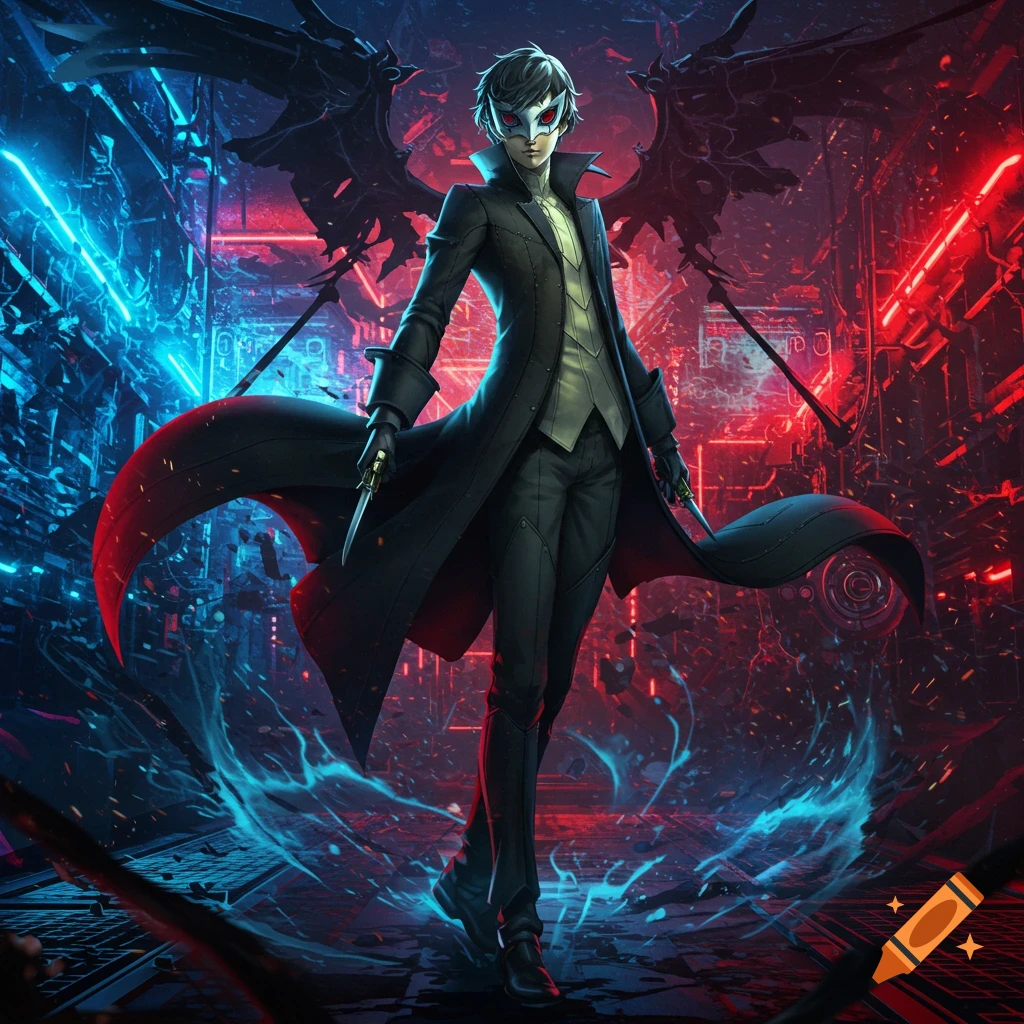 Masked character, Joker from Persona 5, in a black coat holding daggers, stands in a futuristic cyberpunk city with neon red and blue lights and glowing blue energy.