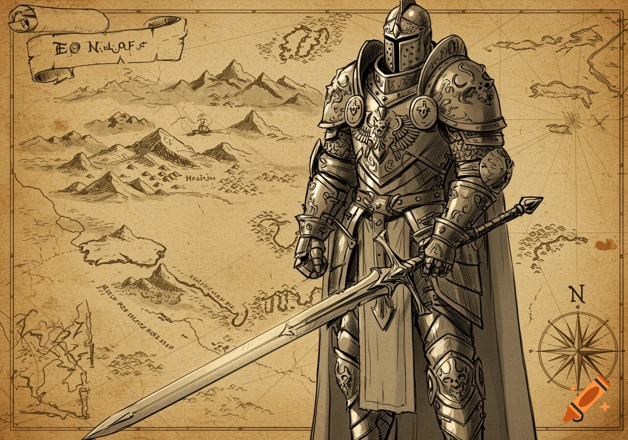 An armored fantasy knight stands in front of an old, detailed fantasy map in a sketch illustration style.