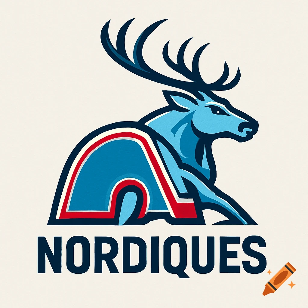 A stylized blue deer or elk logo with large antlers, outlined in dark blue, white, and red, above the word "NORDIQUES" in dark blue.