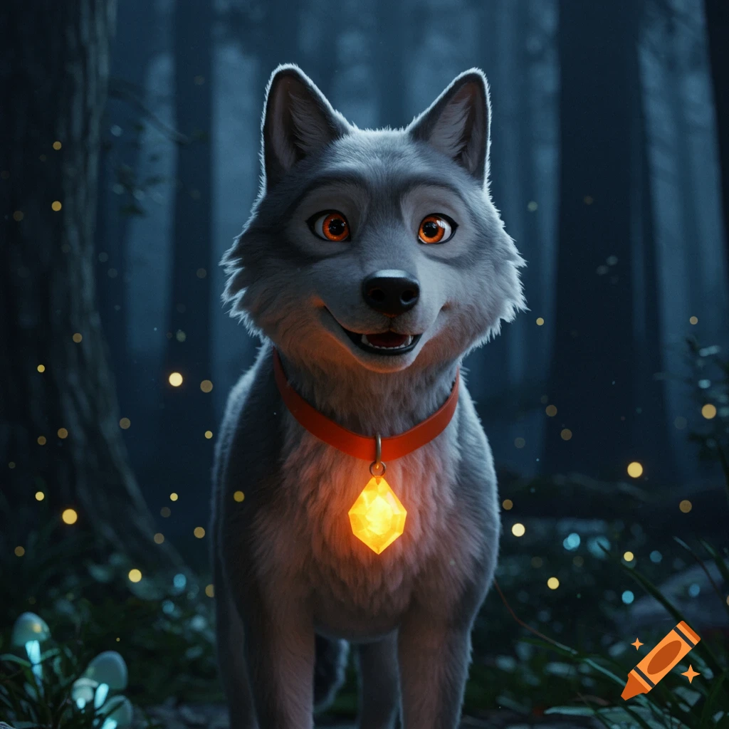 A CGI animated grey wolf with orange eyes and an orange collar, with a glowing yellow gem, stands in a dark forest with fireflies.