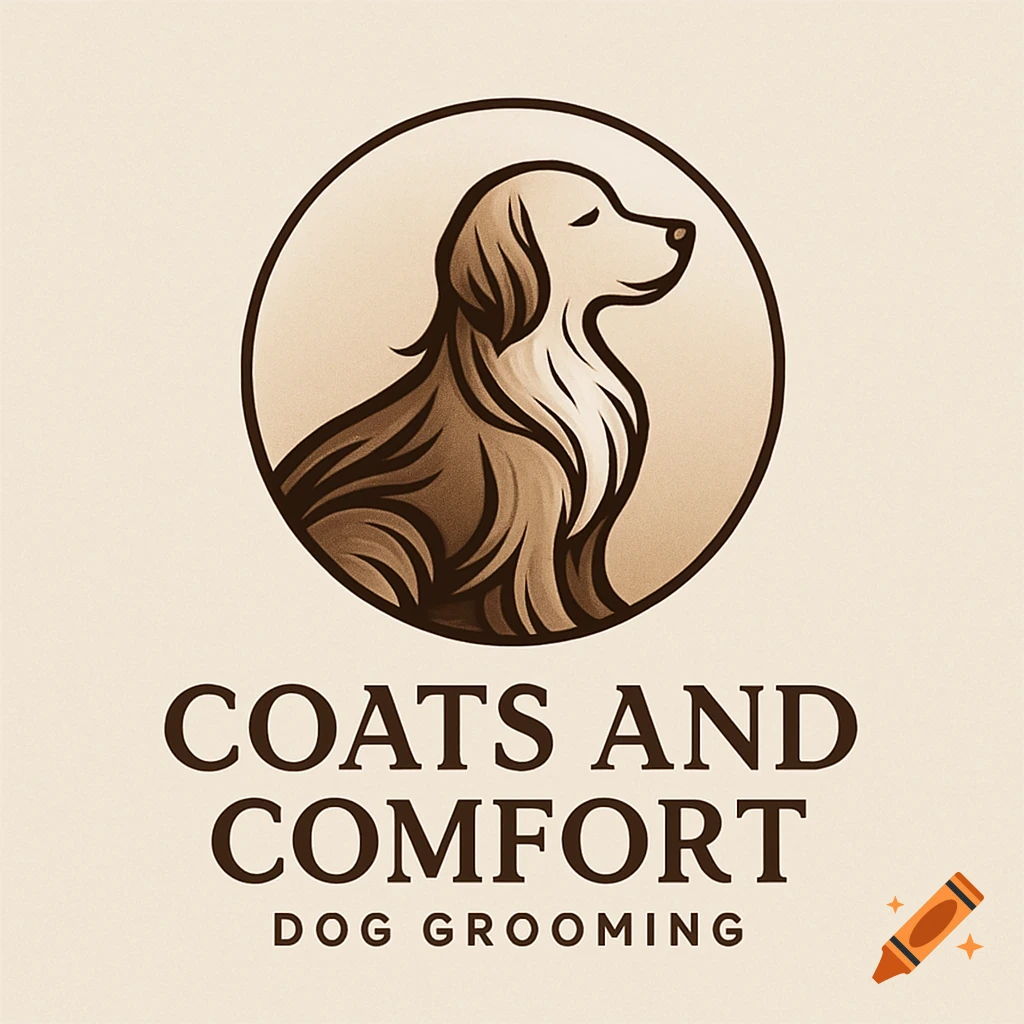 A brown and beige logo for 'Coats and Comfort Dog Grooming' featuring a stylized dog within a circle.