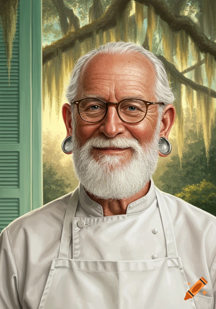 A smiling older man with a white beard, glasses, and large metal ear gauges, wearing a chef's uniform against a background of trees with Spanish moss.