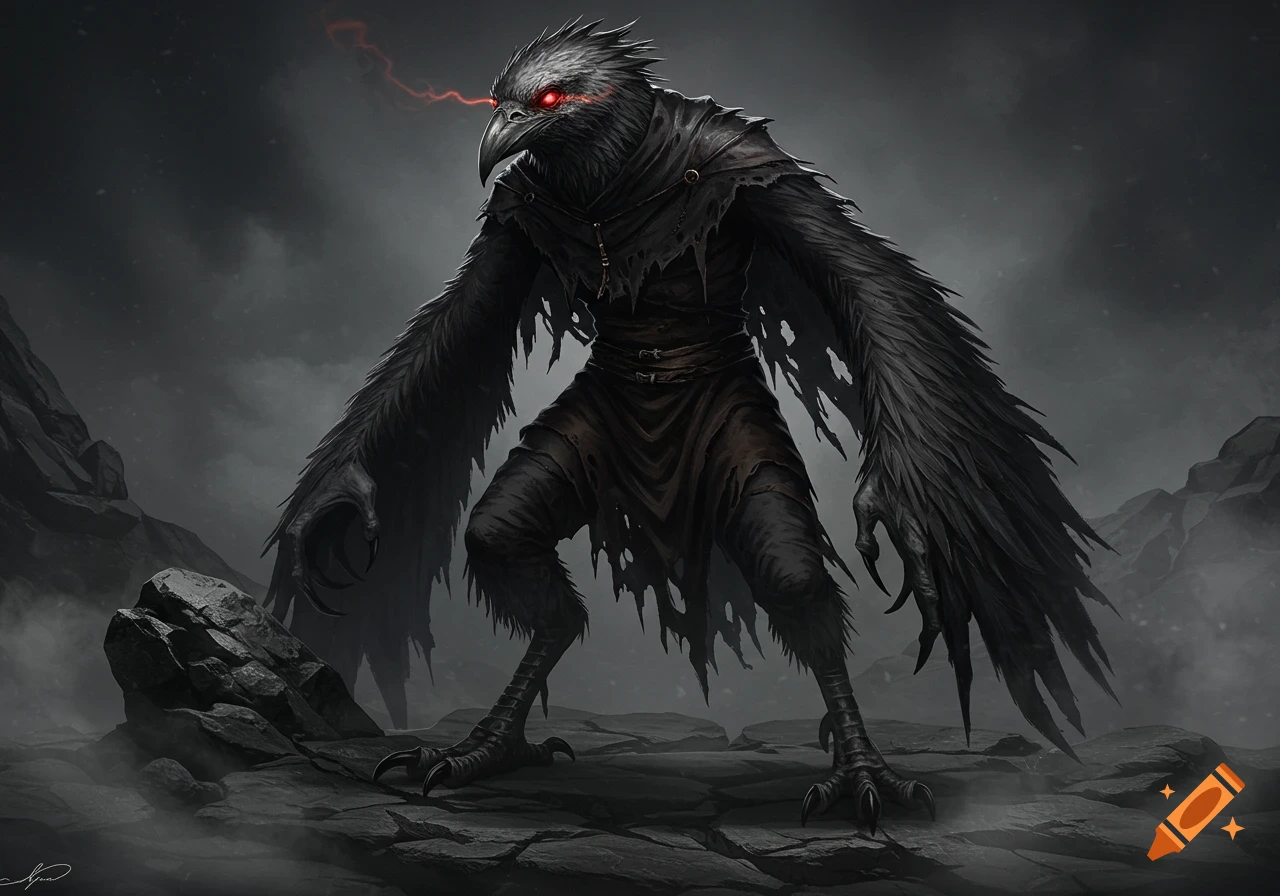 A dark, ominous anthropomorphic bird monster with glowing red eyes, black feathers, and torn clothing stands on a rocky, foggy terrain.