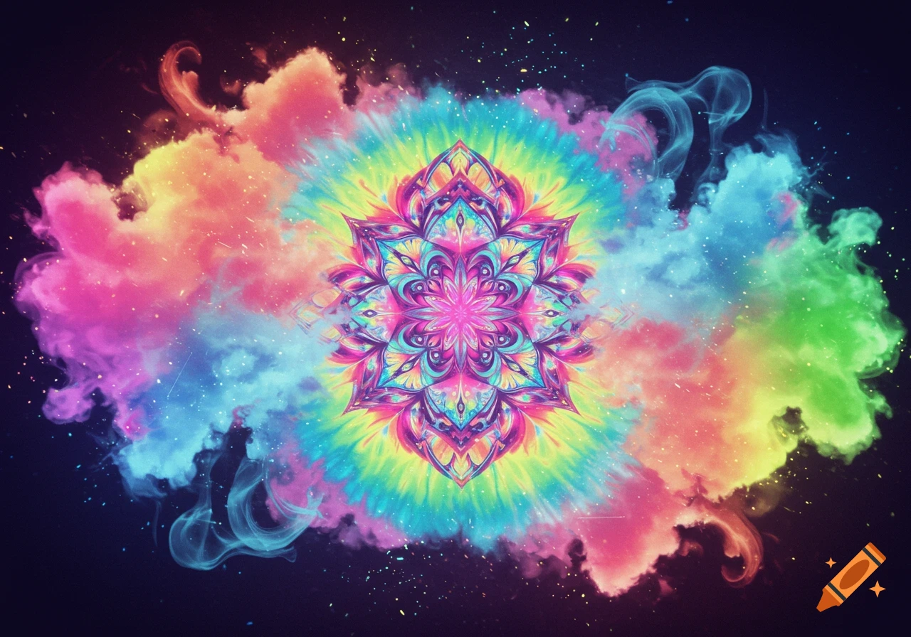 Vibrant psychedelic mandala with colorful smoke and tie-dye patterns, scattered light particles.