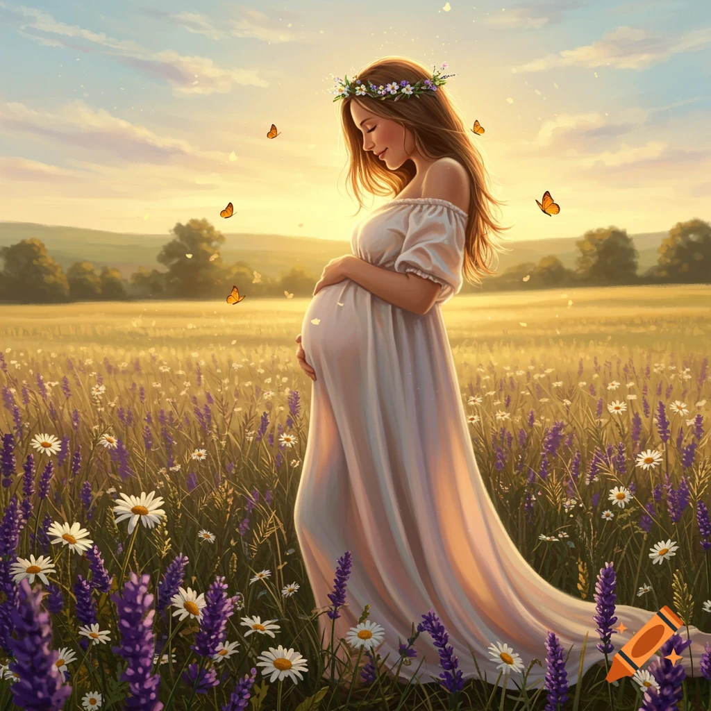 A pregnant woman with a flower crown stands in a field of purple and white flowers under a golden sky with butterflies.