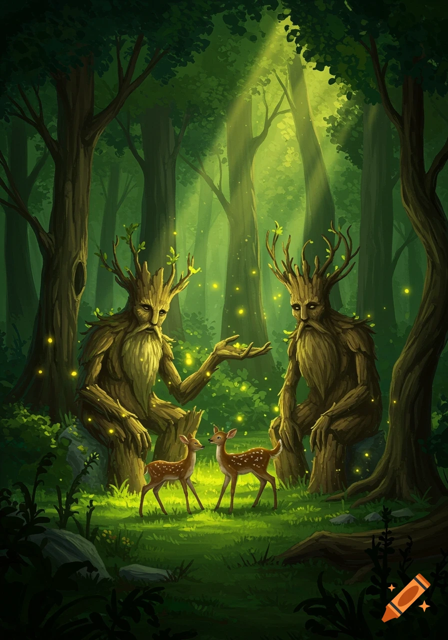 Two large tree-like ents with leafy antlers and beards sit in a mystical forest, observing two small deer amidst glowing lights.