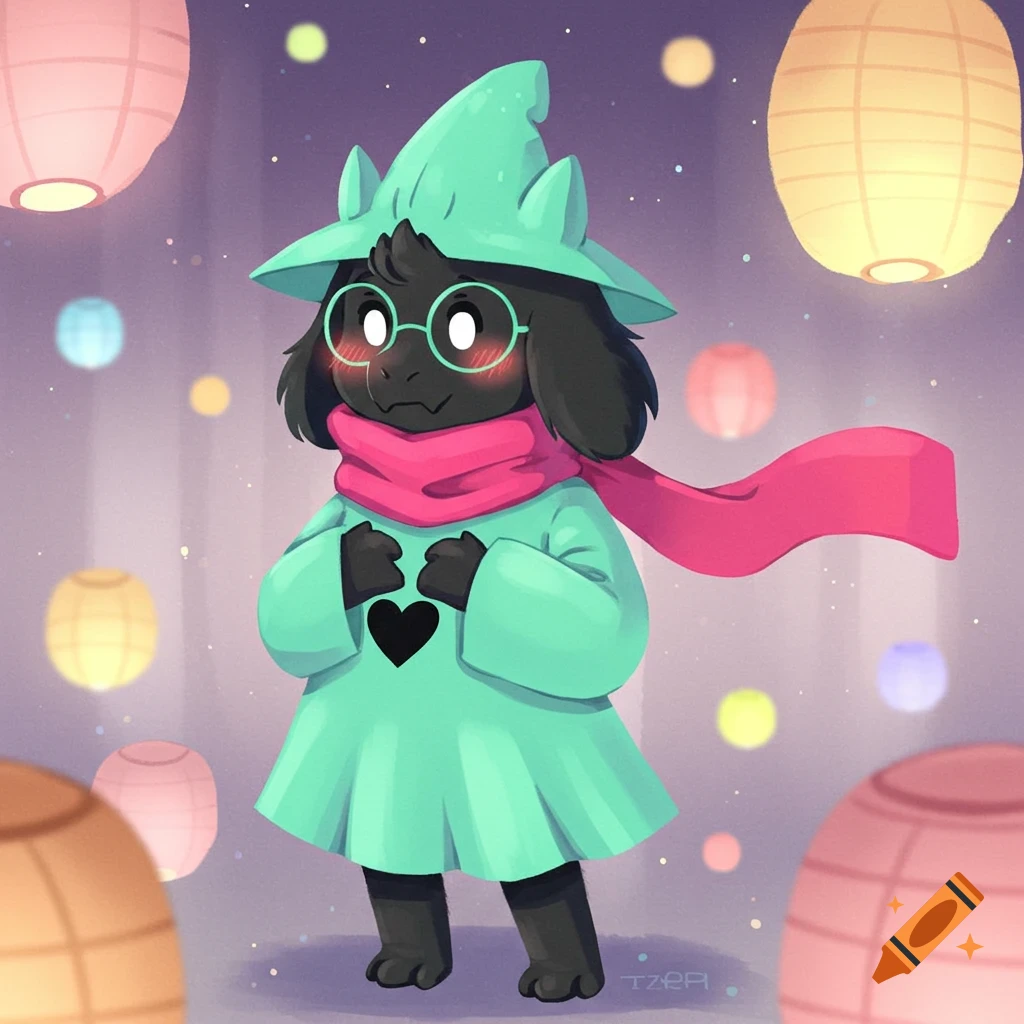 A cute dark furry character with green glasses, a teal hat and dress, and a pink scarf, blushing under glowing lanterns.
