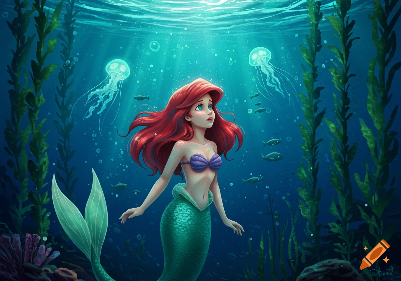 Ariel, the Little Mermaid, floats gracefully underwater surrounded by jellyfish and kelp in a vibrant cartoon style.