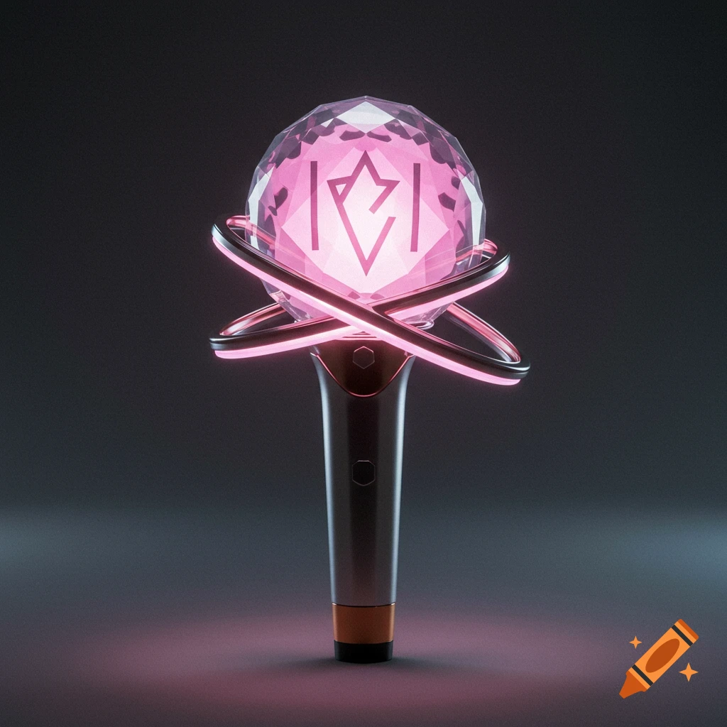 A pink glowing lightstick with a faceted crystal orb and intertwining silver rings, set on a dark background.